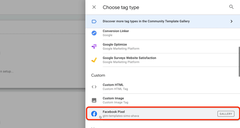 primer nova oznaka google tag manager z menijem select type tag in možnostjo facebook pixel, označena v razdelku po meri