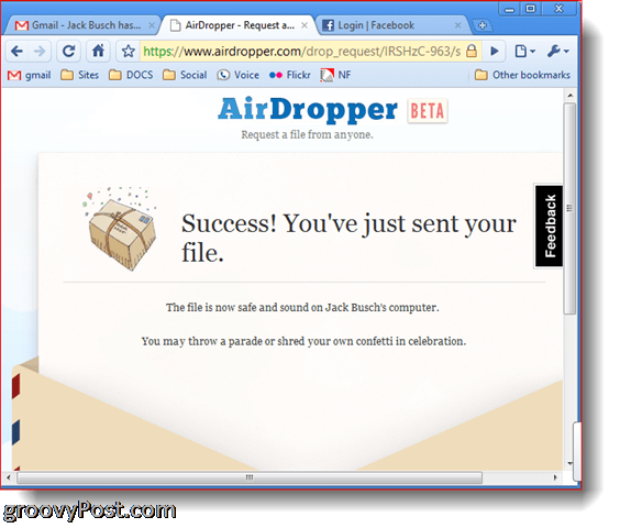 Datoteka za uspeh posnetka zaslona za fotografijo Dropbox Airdropper