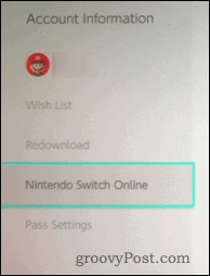 Podatki o računu Nintendo Switch