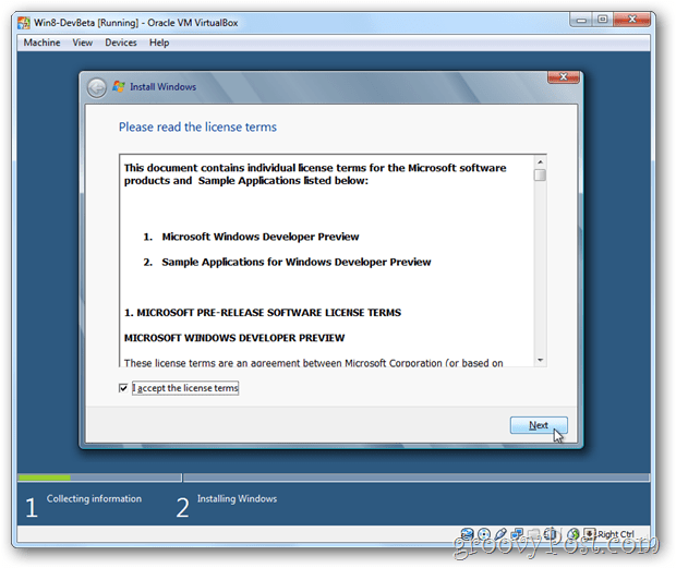 VirtualBox Windows 8 eula sprejema licenco