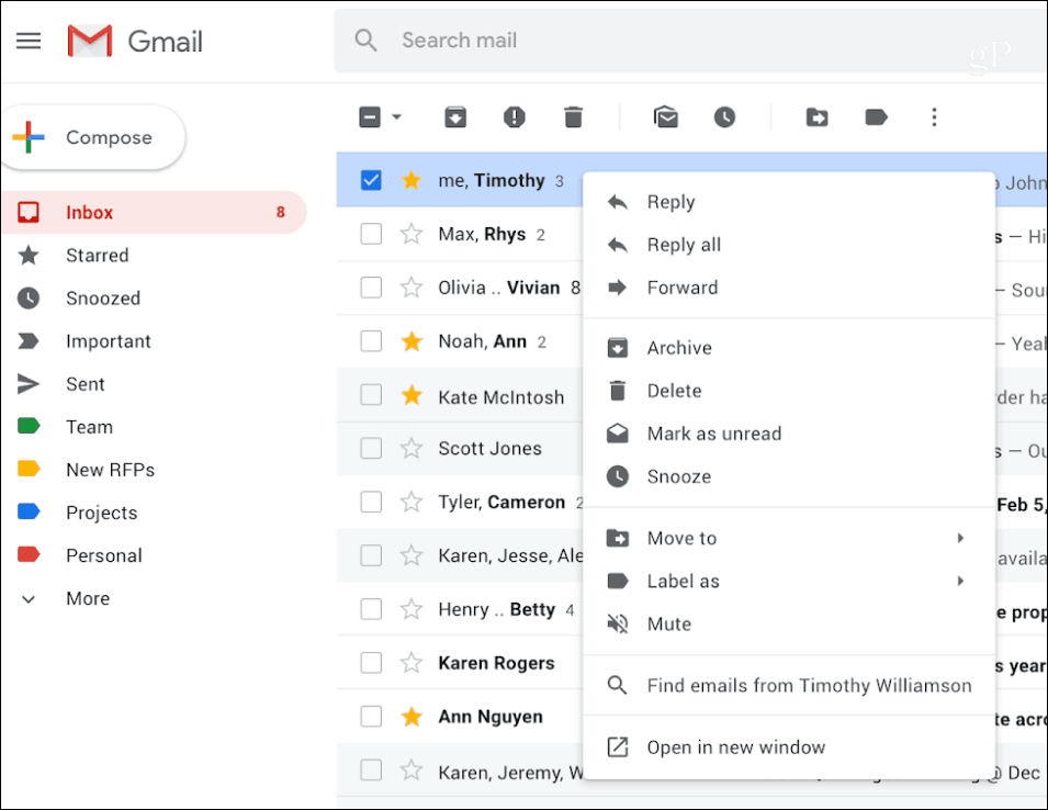 Gmail z desnim klikom kontekstnega menija