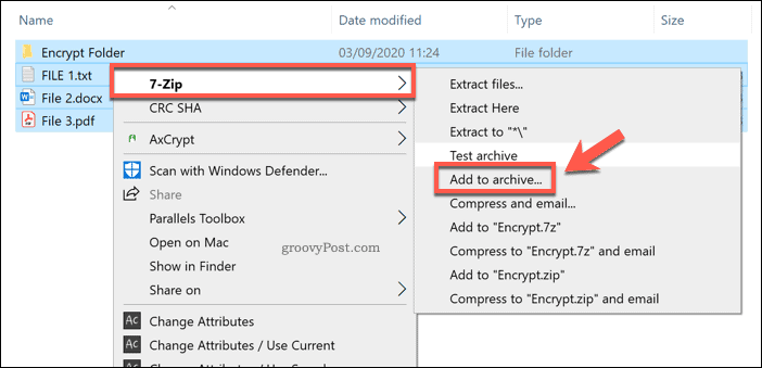 Dodajanje v nov arhiv 7-Zip v sistemu Windows 10