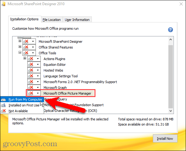V namestitvi Sharepoint Designer omogočite Run iz mojega računalnika za program Microsoft Office Picture Manager