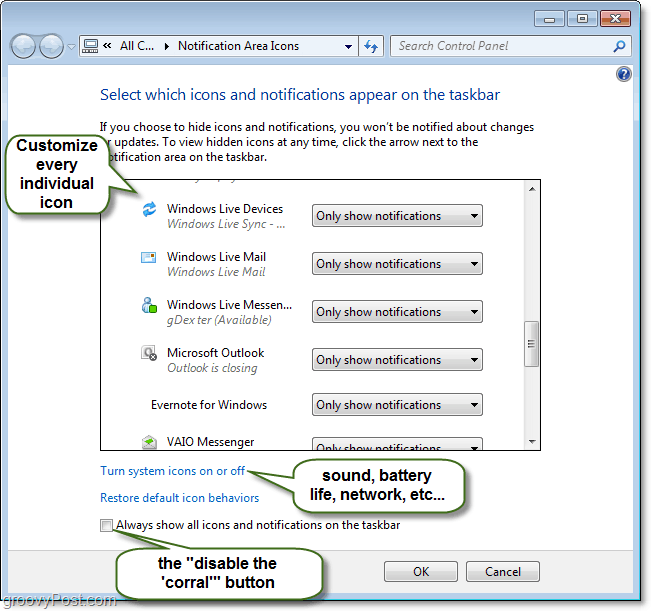 prilagodite nadzorno ploščo obvestil sistemske vrstice Windows 7
