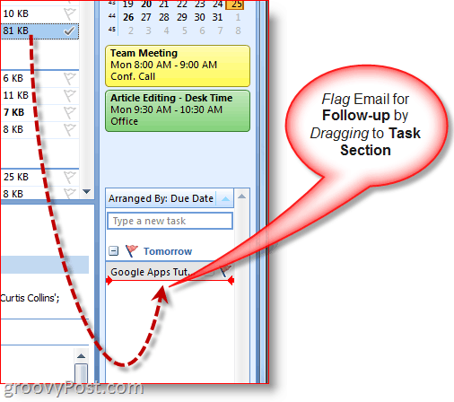 Orodna vrstica Outlook 2007 - povlecite e-poštno sporočilo za ustvarjanje naloge