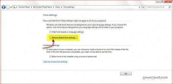 Povrni pisave Windows 7 v privzete nastavitve
