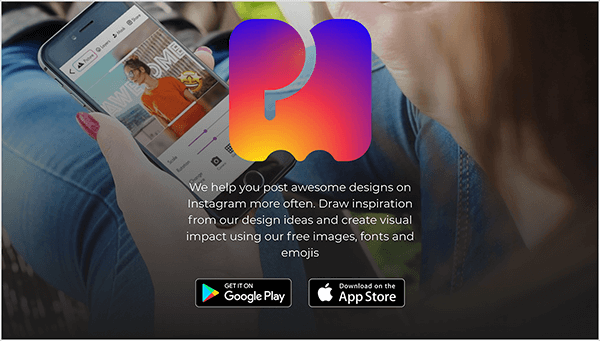 To je posnetek zaslona spletnega mesta PostMuse. V zgornjem središču je velika slika logotipa PostMuse, ki je ilustracija P in M, napolnjena z ukrivljenim gradientom. Od zgoraj navzdol gradient vključuje vijolično, fuschia, rdečo, oranžno in rumeno. Pod logotipom je naslednje belo besedilo: »Pomagamo vam, da pogosteje objavljate čudovite modele na Instagramu. Črpajte navdih iz naših oblikovalskih idej in ustvarjajte vizualni učinek z našimi brezplačnimi slikami, pisavami in emojiji. " Pod besedilom so gumbi, ki povezujejo trgovino Google Play in App Store. Slika za ozadje spletnega mesta je fotografija bele osebe z rdečimi negovanimi nohti, ki drži pametni telefon in uporablja aplikacijo PostMuse. Fotografija je posneta čez ramo osebe, globinska ostrina pa zamegli lase in vrat osebe, da se osredotoči na telefon. Noge osebe so iztegnjene pred seboj, oblečene pa so v modre kavbojke.