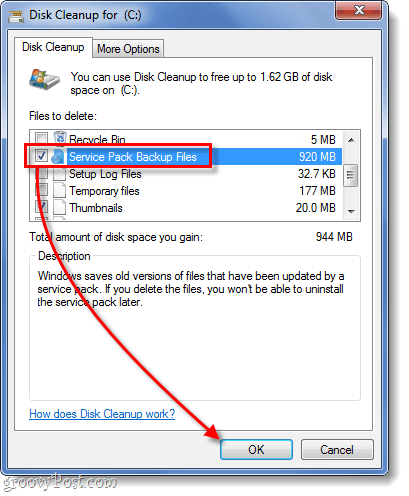 čiščenje rezervnih datotek servisnega paketa v operacijskem sistemu Windows 7
