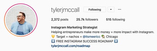 Primer slike Instagram profila in bio informacij o @tylerjmccall.