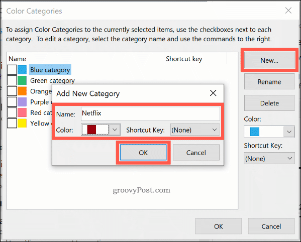 Ustvarjanje nove kategorije barv v Outlooku