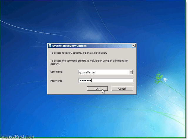 vnesite svoje uporabniško ime in geslo za obnovitev sistema Windows 7