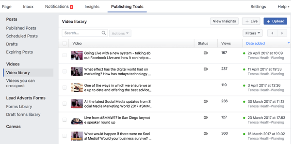 Do celotne knjižnice videoposnetkov Facebook lahko dostopate v razdelku Publishing Tools.