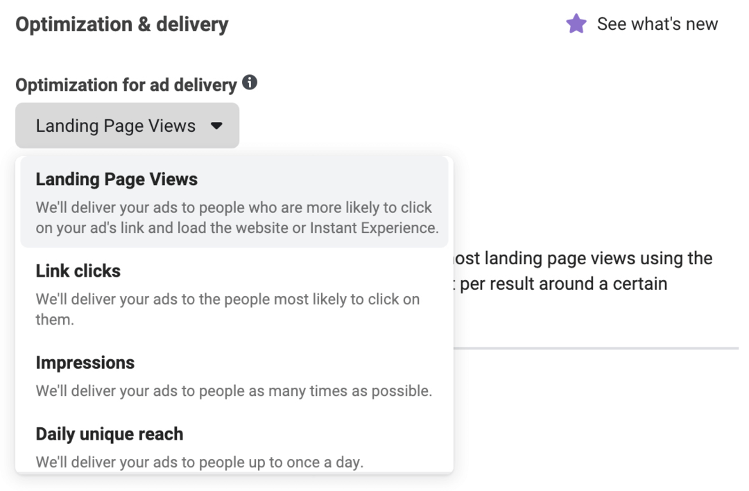 slika spustnega seznama Optimizacija za prikazovanje oglasov v Ads Managerju
