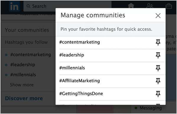 Kliknite ikono pripni poleg oznak hashtagov LinkedIn, ki jih želite dodati, da jih pripnete na svoj seznam.