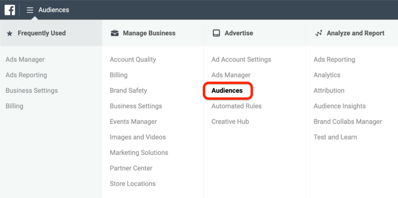 posnetek zaslona možnosti Audiences obkrožen z rdečo v meniju Facebook Ads Manager