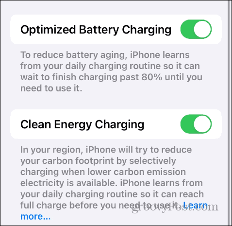 Nastavitve polnjenja baterije v sistemu iOS