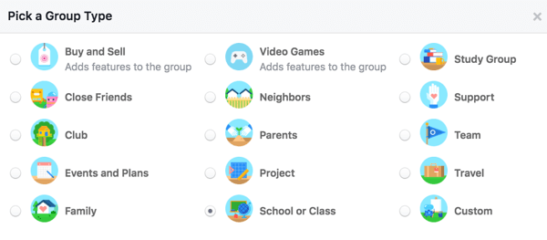 Izberite vrsto skupine, da bodo uporabniki vedeli več o vaši skupini.