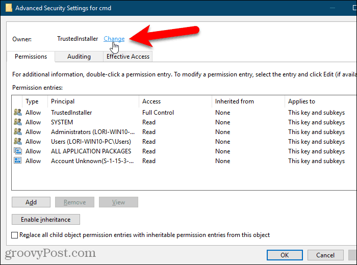 Kliknite povezavo Spremeni lastnika ključa v registru Windows