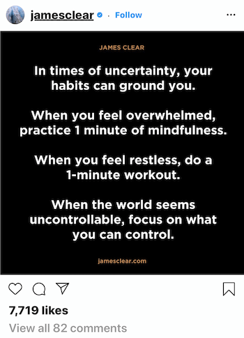 James Clear Instagram objava o tem, kako vas lahko navade pripeljejo v čas negotovosti