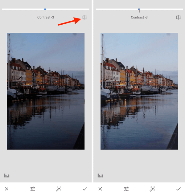 Kako izboljšati fotografije v instagramu, korak 10, prilagodite nastavitve osvetlitve po zajemanju, preklopite med izvirnikom in urejanjem