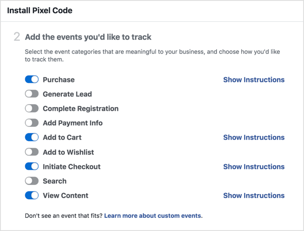 Izberite dogodke, ki jim želite slediti s Facebook pixel.