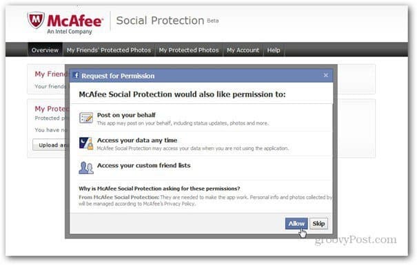 mcaffee socialna zaščita permissons facebook