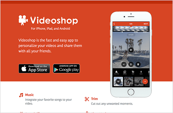 To je posnetek zaslona spletnega mesta aplikacije Videoshop. Ozadje je rdeče, besedilo pa belo. Na levi strani imena aplikacije je ikona filmske kamere. Pod imenom aplikacije je besedilo »Za iPhone, iPad in Android«. V sredini levo na strani je naslednje besedilo: »Videoshop je hitra in enostavna aplikacija za prilagajanje vaših videoposnetkov in jih delite z vsemi prijatelji. " Pod tem besedilom so gumbi, kjer lahko aplikacijo dobite v AppStore ali Googlu Igraj. Na desni strani strani je slika urejevalnika videoposnetkov Videoshop na zaslonu belega iPhona.