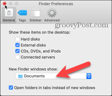 Kliknite spustni seznam New Finder windows v nastavitvah Finder Preferences na vašem Macu