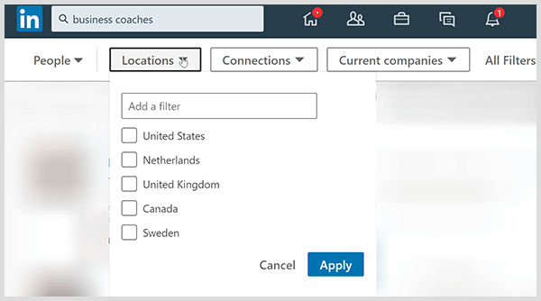 Stran z rezultati iskanja LinkedIn vsebuje filtre za lokacijske povezave in podjetja.