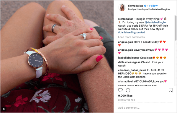 Primer objave marketinške kampanje Instagram influencer z edinstveno kodo za popust