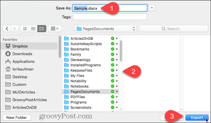 Izberite lokacijo za izvoženo datoteko in kliknite Izvozi v Pages for Mac