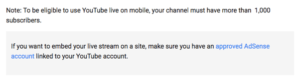 YouTube Live prek mobilnega telefona zahteva, da imate 1000 ali več spremljevalcev za svoj kanal.