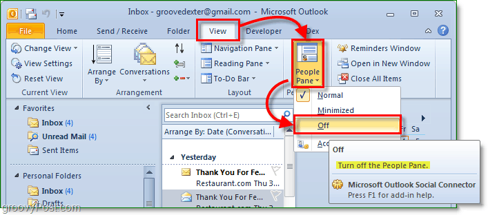 kako izklopiti podokno ljudi v programu Microsoft Office Outlook 2010