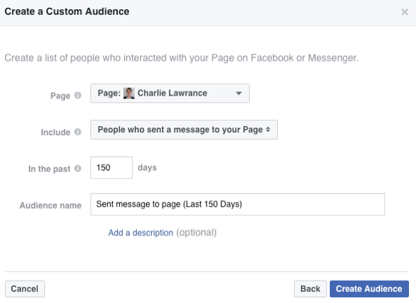 Izberite možnost, da ustvarite občinstvo ljudi, ki so poslali sporočilo na vašo Facebook stran.