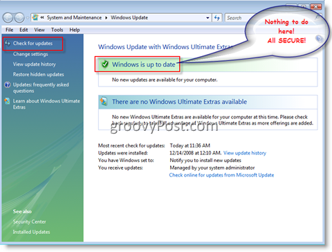 Meni Windows Update za sistem Windows Vista