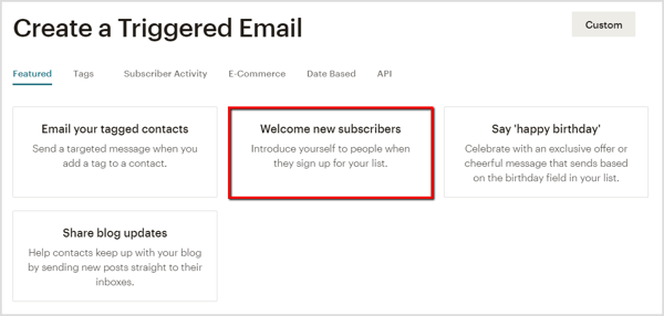 Ustvarite pozdravno e-pošto za nove naročnike v Mailchimpu.
