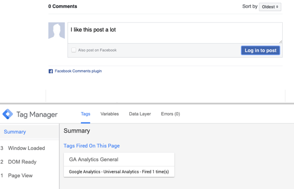 Uporabite Google Tag Manager s Facebookom, korak 23, predogled komentarja s povzetkom izbire za sproženo Facebook oznako
