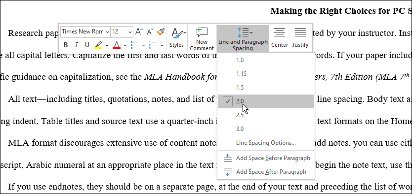 presledki uporabite format mla v programu Microsoft Word