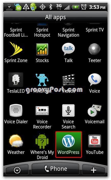 Wordpress na ikoni Android na začetnem zaslonu - dok