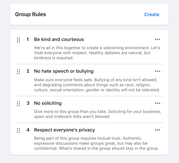 primer pravil, določenih za skupino na facebooku, kot so prijaznost, brez sovražnega govora, prosi za ipd.