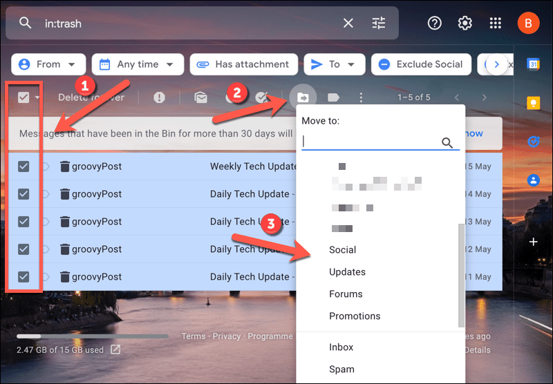 Premikanje e-poštnih sporočil zunaj Gmailove mape za smeti