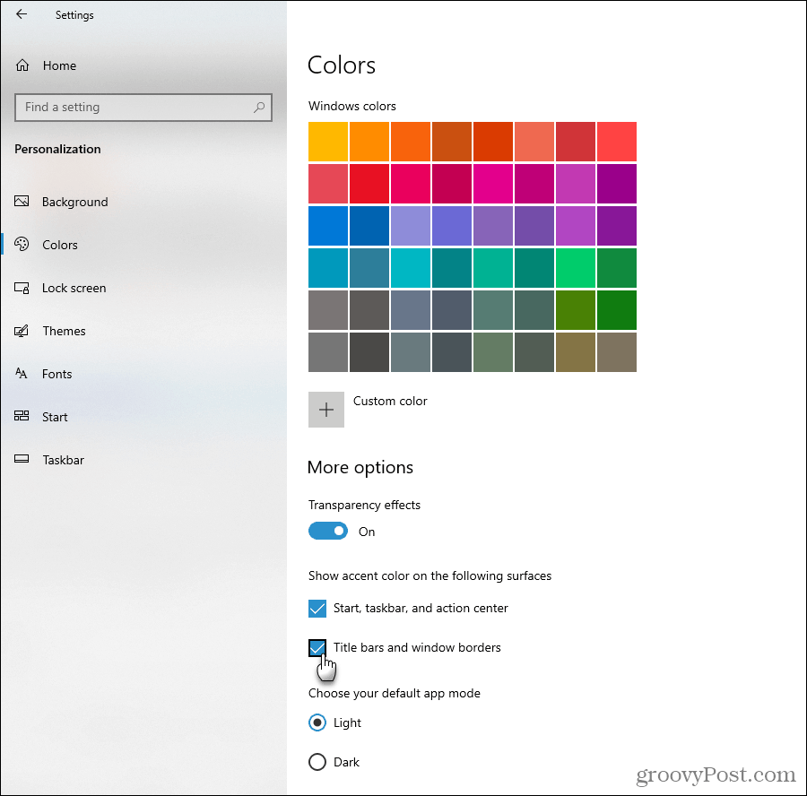 Pokaži možnosti barv poudarkov v sistemu Windows 10