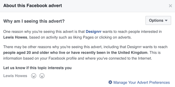 Facebook bo prikazal podrobne informacije o ciljanju za Facebook oglas.