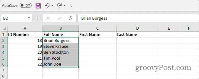 Izberite Imena s seznama Excel