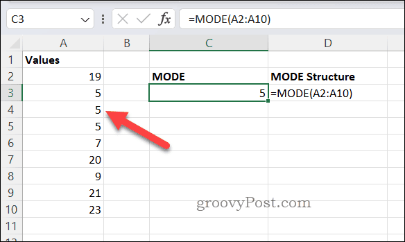 Rezultat formule MODE v Excelu