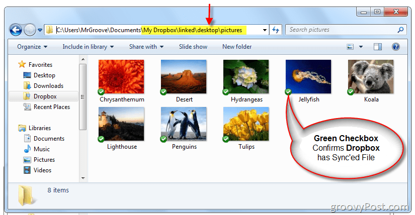 Windows Explorer potrjuje, da je bil Symlink ustvarjen, Dropbox pa sinhronizira datoteke
