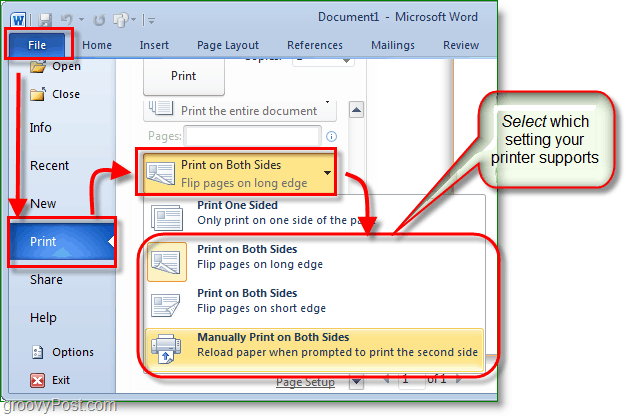 Posnetek zaslona Micosoft Word 2010 prilagodite nastavitve tiskanja tako, da jih natisnete na obeh straneh