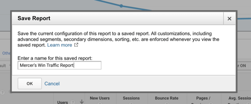 možnost Google Analytics za poimenovanje shranjenega poročila po meri