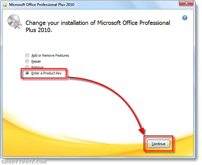 Office 2010 sprememba zaslona s ključem izdelka