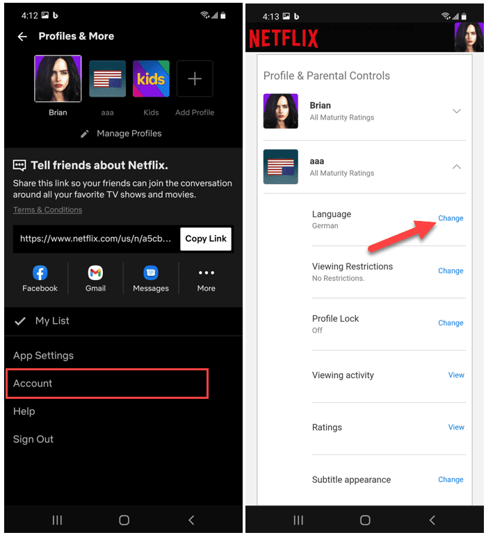 Račun aplikacije Netflix za Android